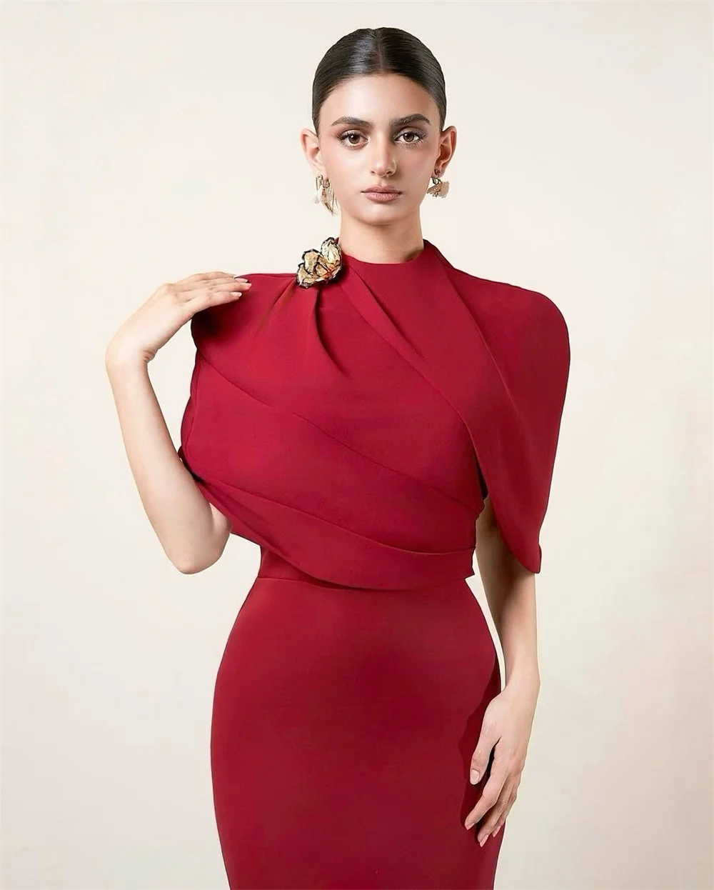 Mila Burgundy Shawl Prom Dresses High Neck Half-Sleeve Simple Customized Formal Evening Sheath Ankle-Length vestidos de fiesta