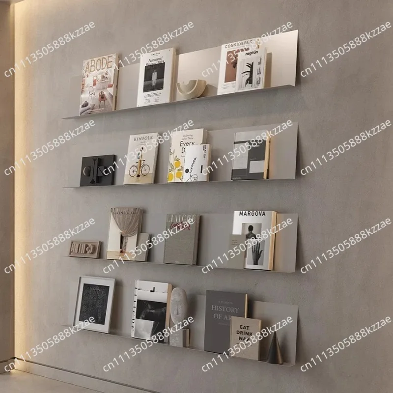 Stainless Steel Wall Shelf with LED Ins Display Rack for Book Modern Floating Shelves for Living Room Bedroom Magazine Organizer