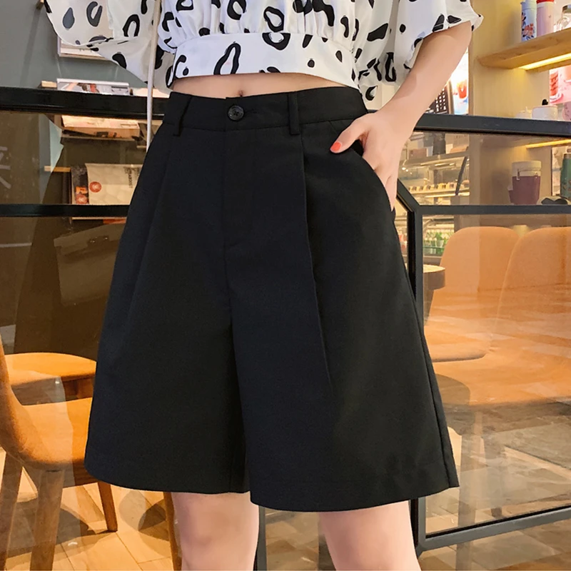 Vintage feminino solto casual preto de cintura alta ternos formais, shorts retos, harajuku feminino, shorts monocromáticos, todo o jogo, tamanho
