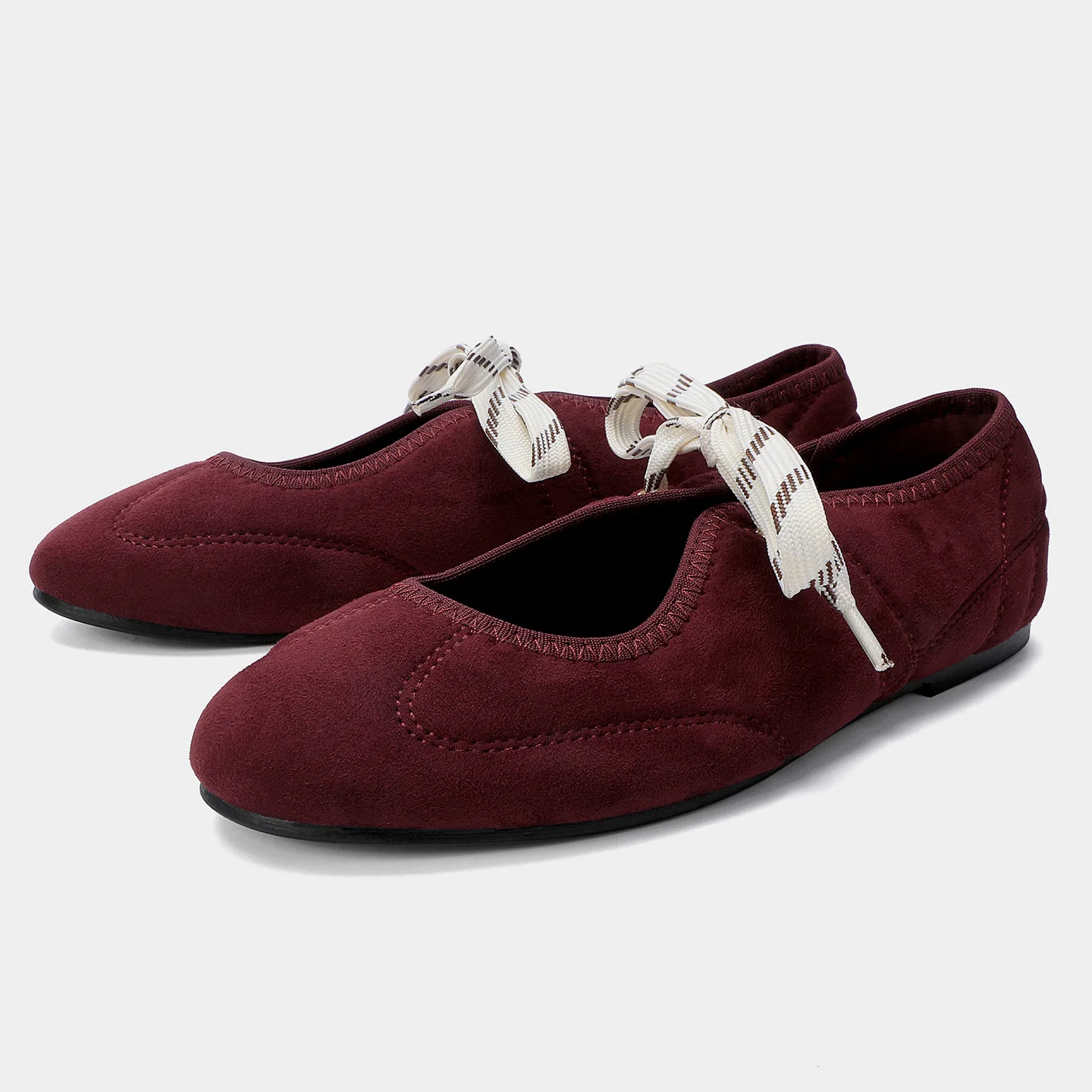 

Autumn New Arrival Women's Shoes Burgundy Suede Lace-Up Flat Round Toe Ballet Flats Fashionable Low-Cut Single Shoes Wine Red