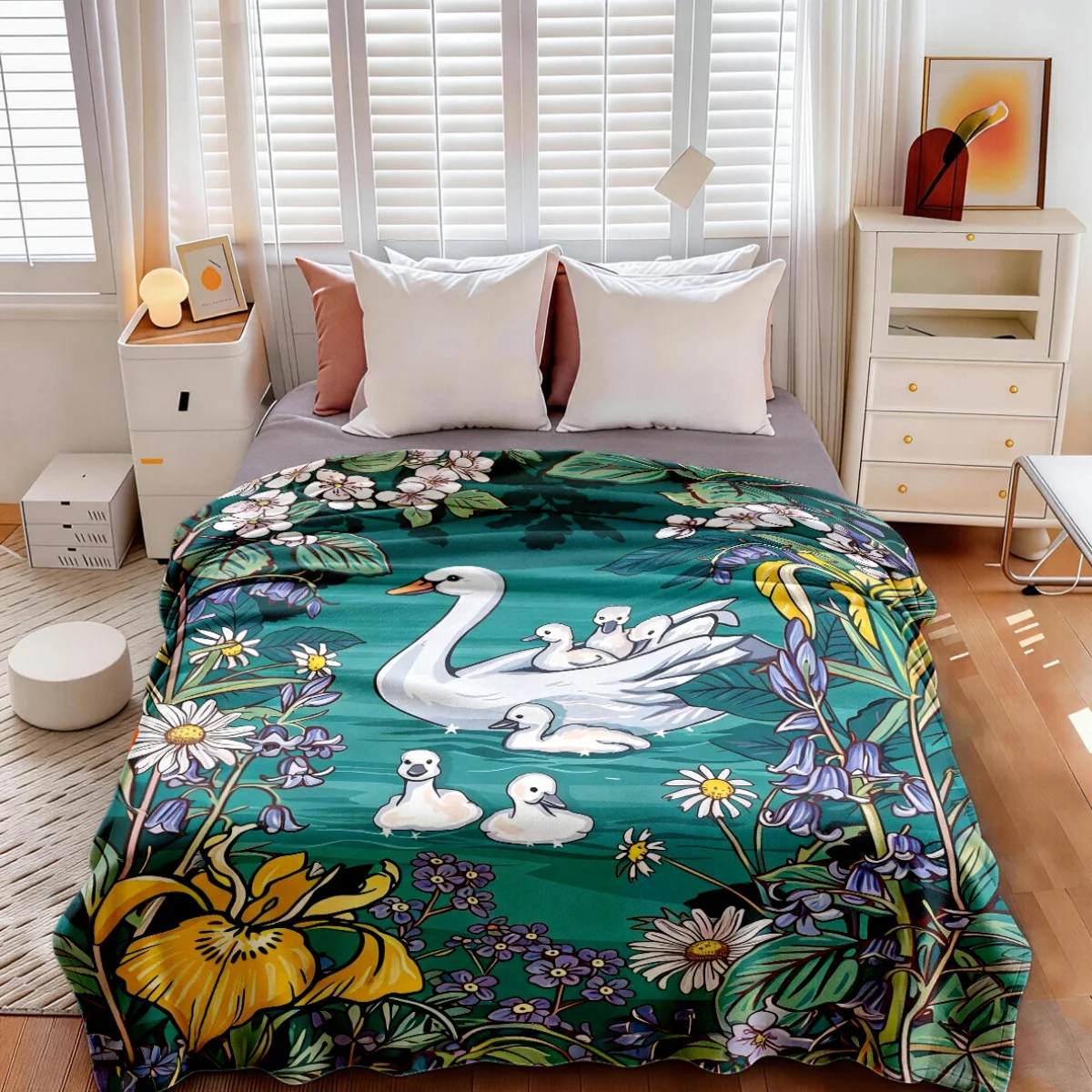 Watercolor Swan Family Floral Botanical Print Throw Blanket Cozy Nursery Decor Gift for Baby Shower