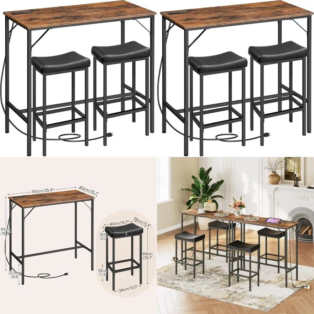 Set tavolo da bar rustico 39,4 con piano alto con 3 sedie e stazione di ricarica per cucina, colazione, piccoli spazi