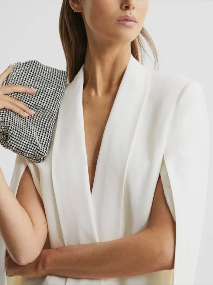 UOOZEE Office Lady Elegant Cape Sleeves Blazers Jackets Loose Solid Color Deep V-Neck Commuter Business White Suit Outerwears