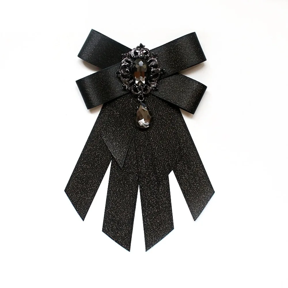 Fashion Polyester Ribbon Bowknot Brooch Pin Black Vintage Crystal Rhinestones Jewelry Bowtie Neckline Decoration Women