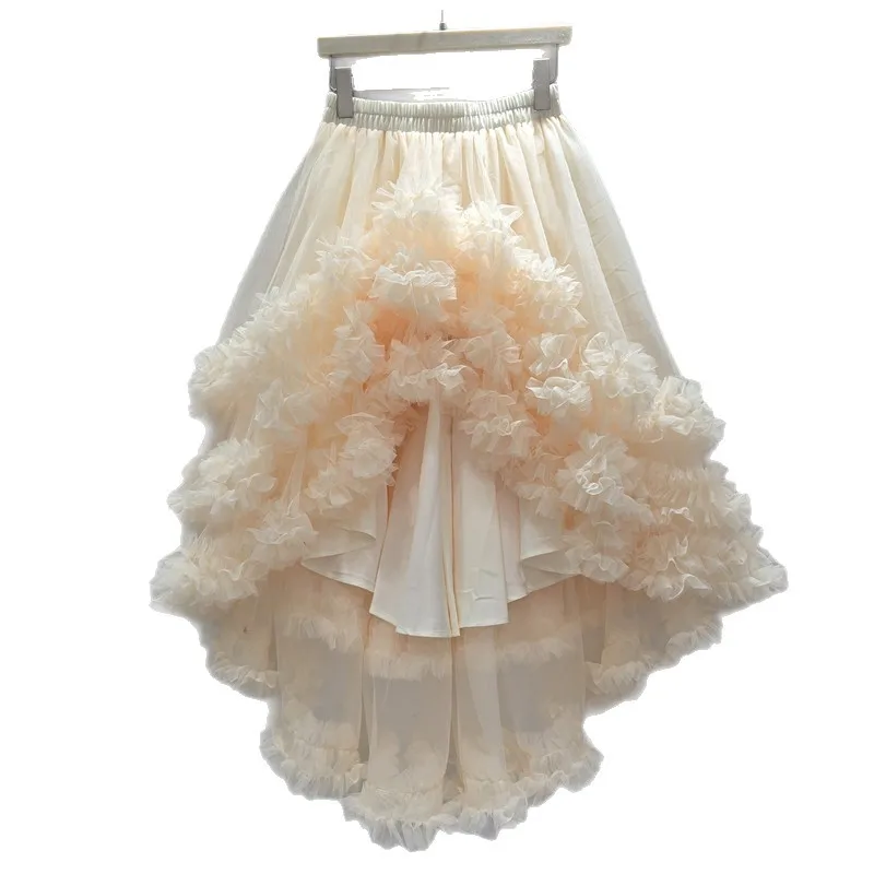 気質フレンチロマンチック快適な伸縮性ウエスト甘いガーゼスカート甘い女の子不規則エレガントなフリルファッションケーキスカート