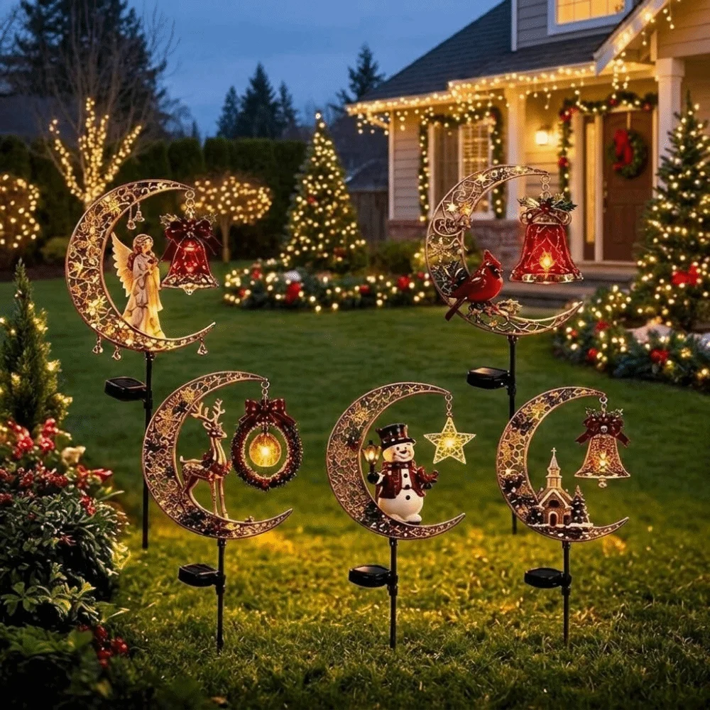 Waterproof Solar Christmas Crescent Garden Light Solar Powered Iron Metal Christmas Moon Solar Stake Light LED Glowing