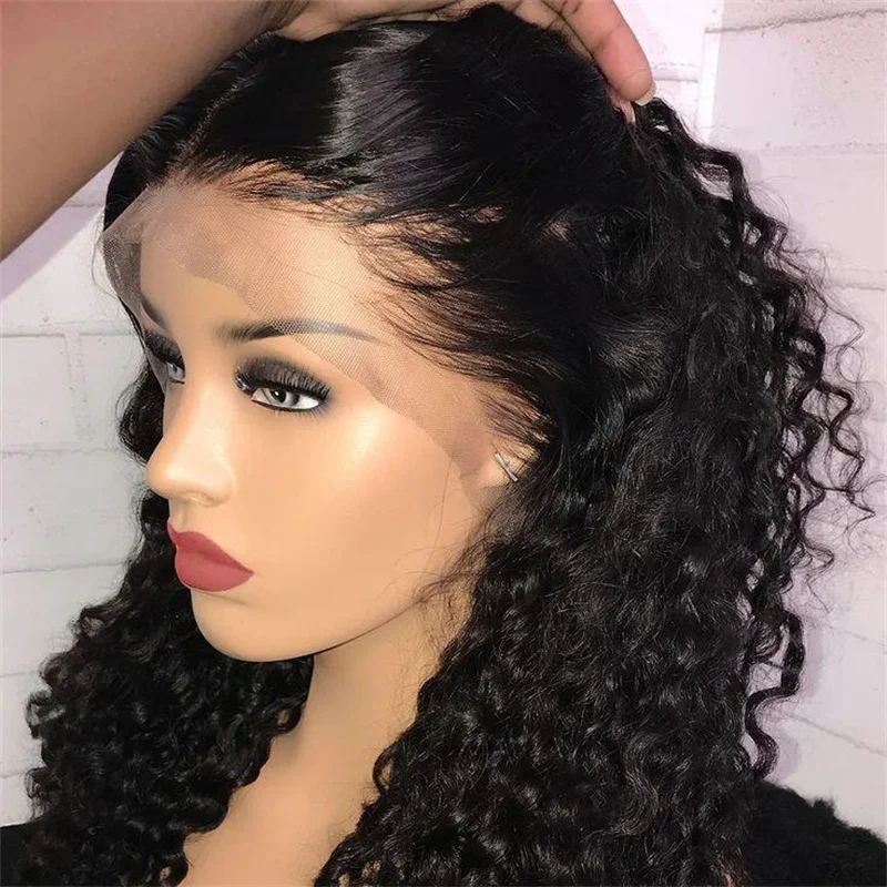 Perruque Lace Front Wig crépus bouclée sans colle pour femme, cheveux doux et longs, cheveux de bébé préplumés, noir naturel, densité 180, 26 po, 03/3