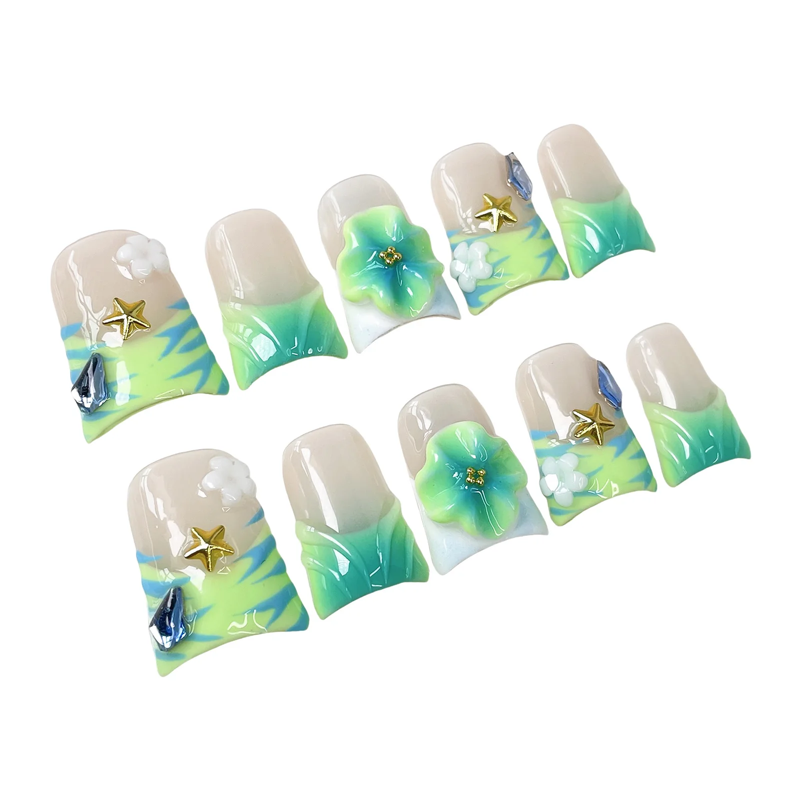 Handmade Duckbill กดบนเล็บ Art Simple สีเขียวภาษาฝรั่งเศสคําสั้นเล็บปลอมสวมใส่ 3D แกะสลักดอกไม้เล็บปลอมเคล็ดลับ