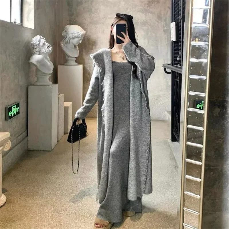 

Корейский модный свободный и ленивый стильный кардиган для женщин, новинка 2025, осень-зима, свитер среднего и длинного цвета с кисточками, куртка, нишевый трикотаж