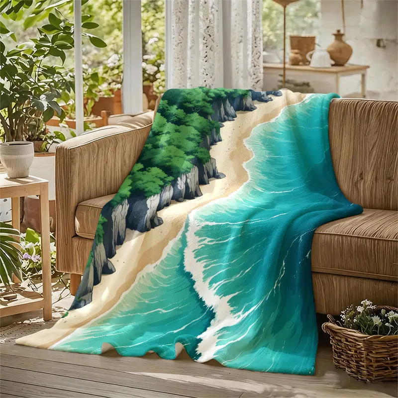 Anime Beach Cliff Aerial Flannel Blanket Perfect for Sofa Office Bed Travel Sleep Read Relax Camping Four Season Use