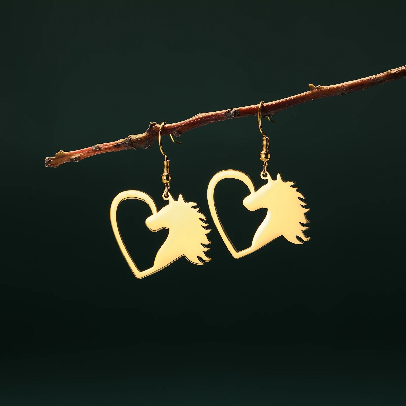 Cazador Pferdeherz-Anhänger-Ohrringe für Damen, Edelstahl, goldfarben, Tierschmuck, Ohrringe, Geburtstag, Valentinstag, Geschenk – Detail 8