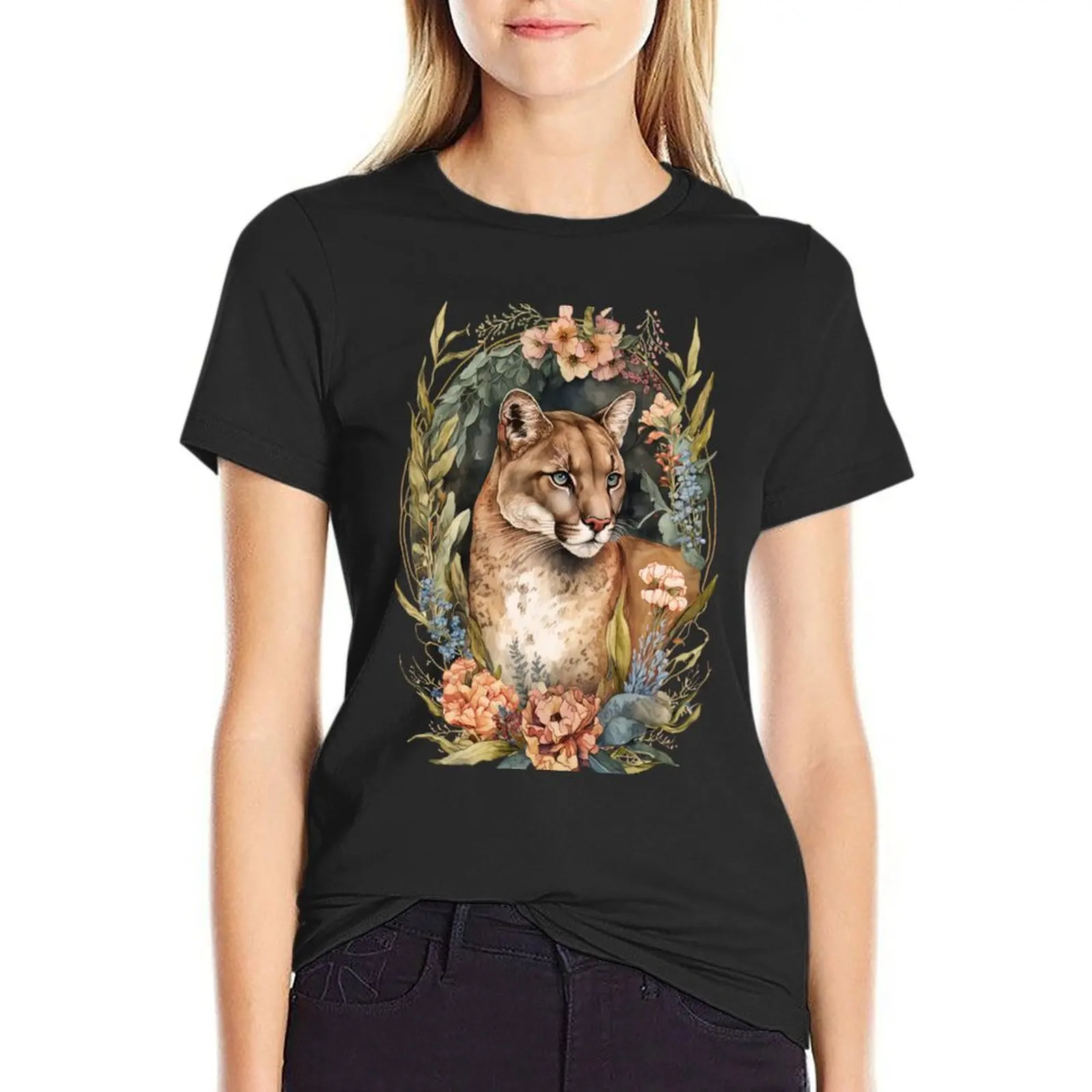 Floral Cougar T-Shirt Female clothing anime clothes funny plain cute t-shirts for Women