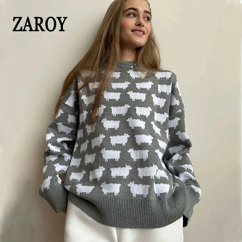 

ZAROY женские повседневные свитера с принтом альпаки, осенний вязаный пуловер с длинными рукавами и круглым вырезом, уличная теплая верхняя одежда свите