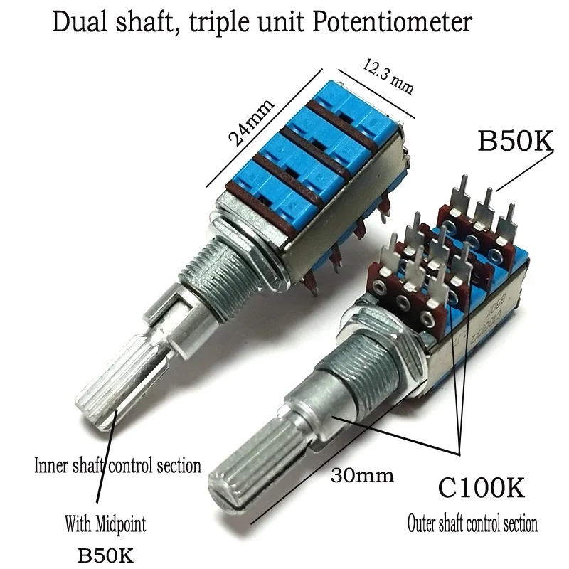 1pcTOCOS Type 12mm potentiometer Dual shaft, triple unit With Midpoint B50K  Outer shaft control section C100KX2  plum shaft 30m
