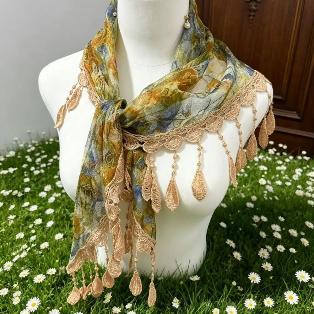 Floral Pattern Floral Lace Waist Scarf Triangle Shape Bohemian Style Tassel Wrap Belt Hollow Tassel Fringe Vintage Waistband