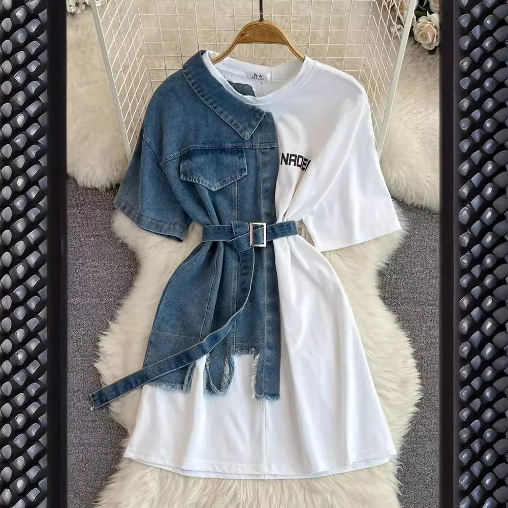 2025 New Harajuku Vintage Summer Denim Patchwork Short Sleeve T-Shirt O-neck Loose Contrast Color Jeans Tees Belted Jumpers Tops