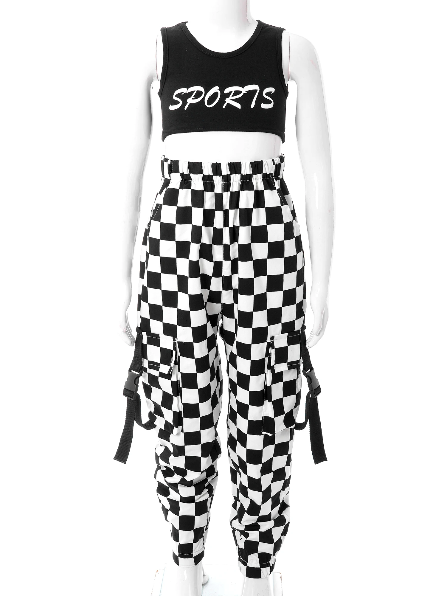 Kids Girls Hip Hop Street Dance Costume Sleeveless Letter Print Crop Top with Plaid Pants Jazz Dance Stage Performance Dancewear