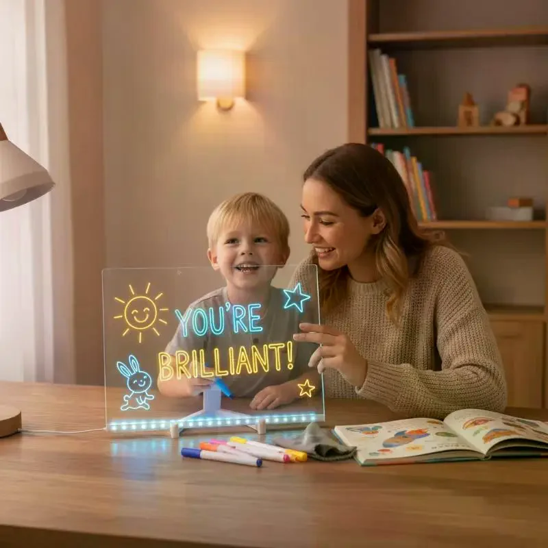 Rechargeable LED Acrylic Drawing Board Night Light, Erasable DIY Note Board With 7 Pens, Creative Painting Toy For Birthday Gif
