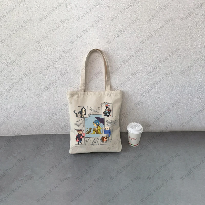 1 pcCoraline Movie patternTote Bag borsa a tracolla in tela per il viaggio quotidiano borsa per la spesa riutilizzabile da donna, miglior regalo per