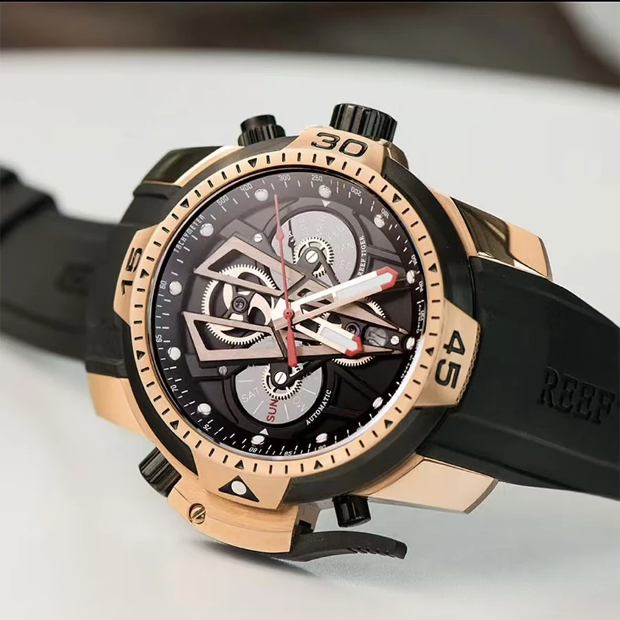 

Мужские механические часы Reef Tiger, полностью автоматические многофункциональные деловые мужские часы с двойным календарем, деловые мужские часы R