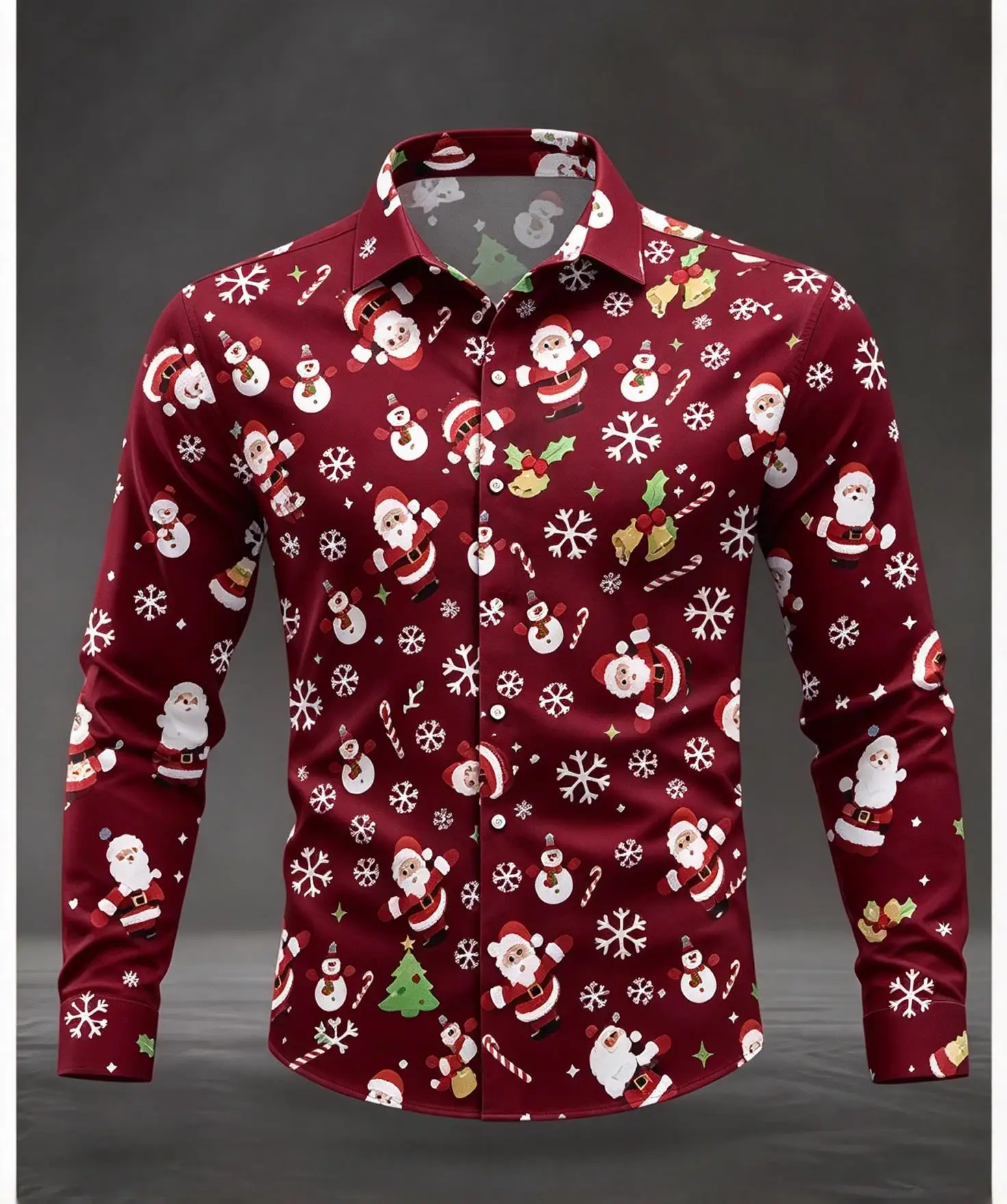 Mens All Over Print Santa Claus Snowflake Pattern Long Sleeve Shirt Xmas Party Button Up Tops