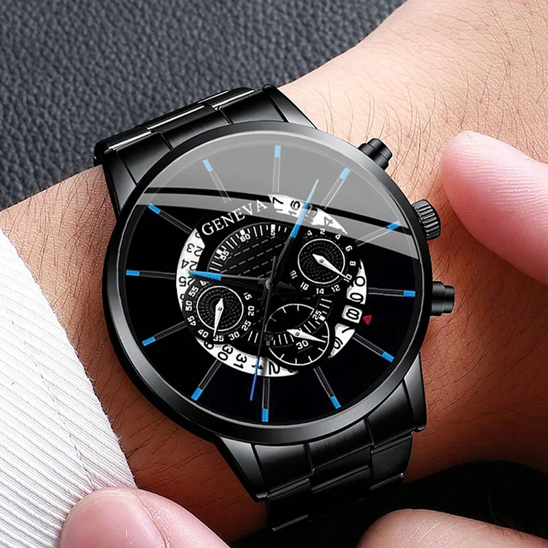 2PCs Fashion Business Men\'s Calendar Date Luxury Male Stainless Steel Quartz Wristwatch Black PU Leather Bracelet Set