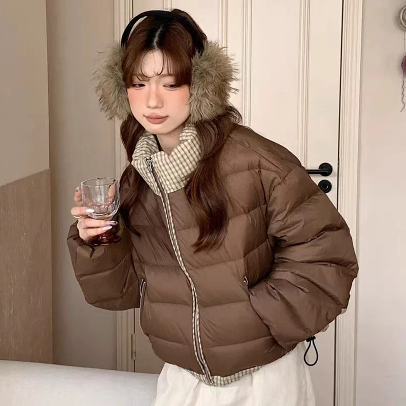 

Winter Short Grid Splice Stand Collar Down Jacket Women White Duck Down Warm Parker Outwears Female Zipper Drawstring Jackets