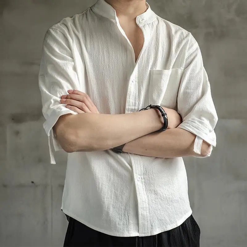 

Loose Fit Linen irt Men's ort Sve Casual Cotton Linen f Sve Men's Outerwear Top Five-Quarter Sve Regular Thic...