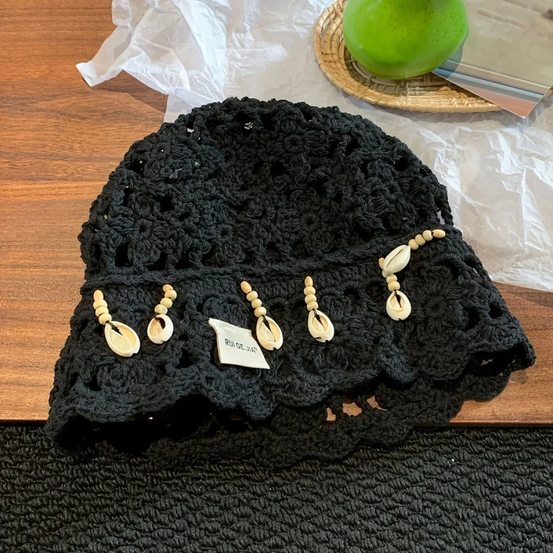 Summer Ethnic Style Beaded Shell Flower Hollow Out Beanie Women Breathable Travel Photography Versatile Pullover Hat