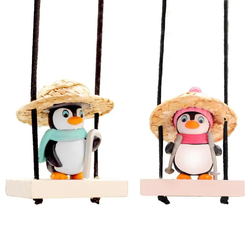 Car Pendant Swing Penguin Wearing Straw Hat Penguin Hanging Ornaments Auto Rearview Mirror Decoration Car Interior Accessories