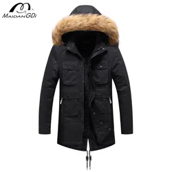 MaiDangDi Hooded Fleece Mid Length Men's Jacket Warm Soft Cotton Lined Mens Jacket Windproof Warm Male Multiple Pockets Top