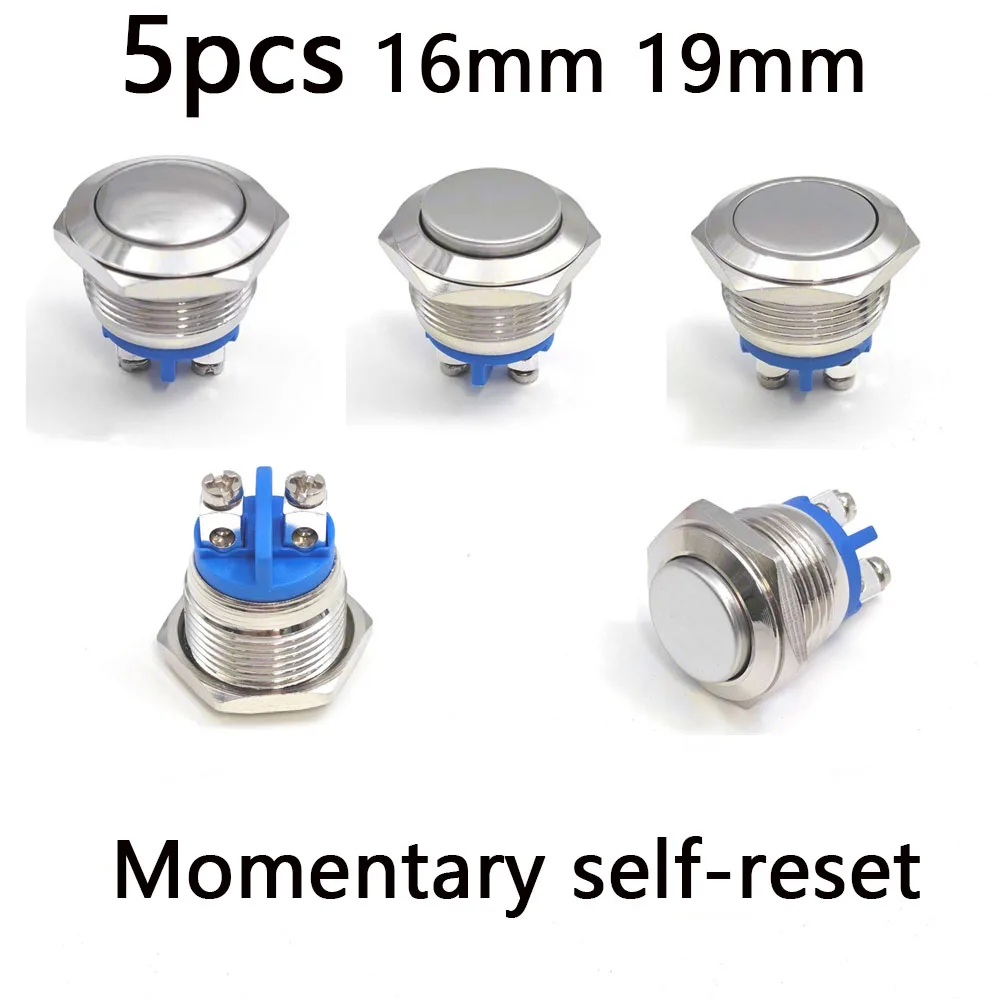 

5pcs 16mm 19mm Screw Terminal Waterproof Momentary Reset Metal Push Button Switch High Flat Head Car Engine Doorbell PC Power ﻿