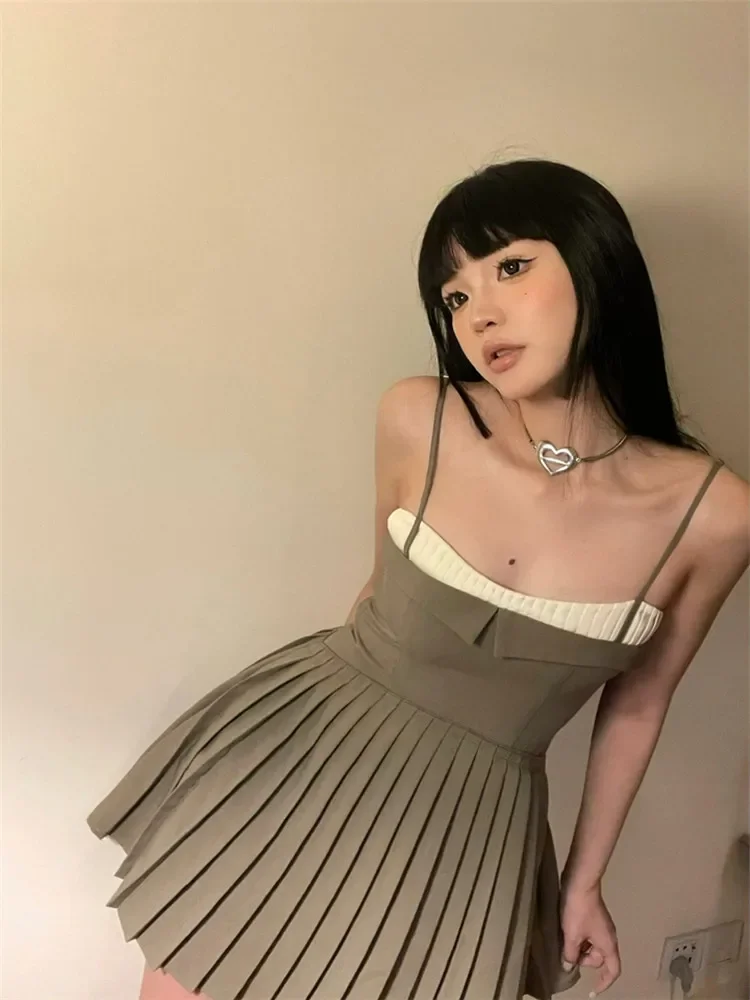 Hotsweet Y2K Pleated A-line Short Skirt Small Girl Slash Neck A Line Patchwork Ballet Strap Dress Summer Super Mini Party Dress