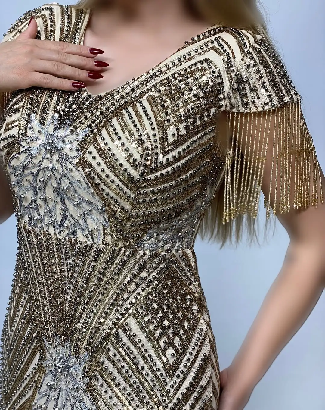 تصميم جديد أنيق الديكور الترتر حورية البحر مساء اللباس الكتف شرابة الطابق طول حفلة موسيقية فستان حفل زفاف #4