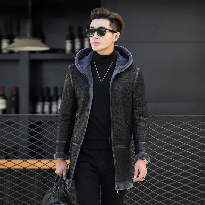 AYUNSUE Genuine Leather Jacket Winter Coats for Men Mid-length Sheepskin Coat Hooded Wool Fur Jackets Jaqueta Masculina SGG712