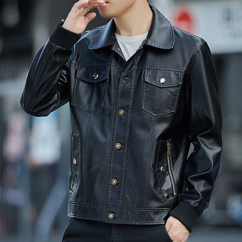 가을 남성 패션 인조 가죽 아우터 캐주얼 인조 가죽 재킷 라펠 아우터웨어 남성용 큰 사이즈 코트 개성