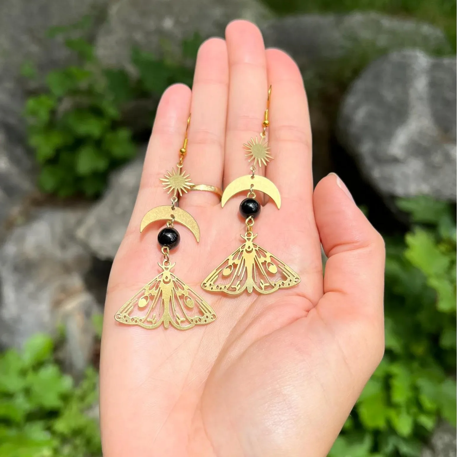 أقراط العثة، مجوهرات بوهيمية، حشرات، شمس، قمر، خرز أسود، تجهيزات نحاسية، فراشات، عثة مجوفة، خطافات أذن للنساء #6