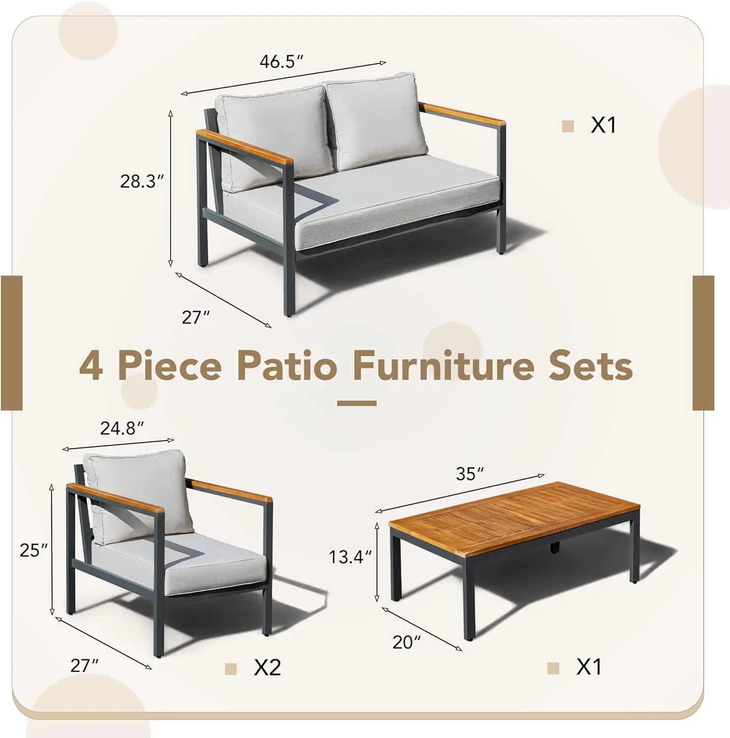 Ensemble de canapé en bois d'acacia avec table basse, ensemble de conversation en plein air, coussin en éponge de l'UNICEF, 4 pièces