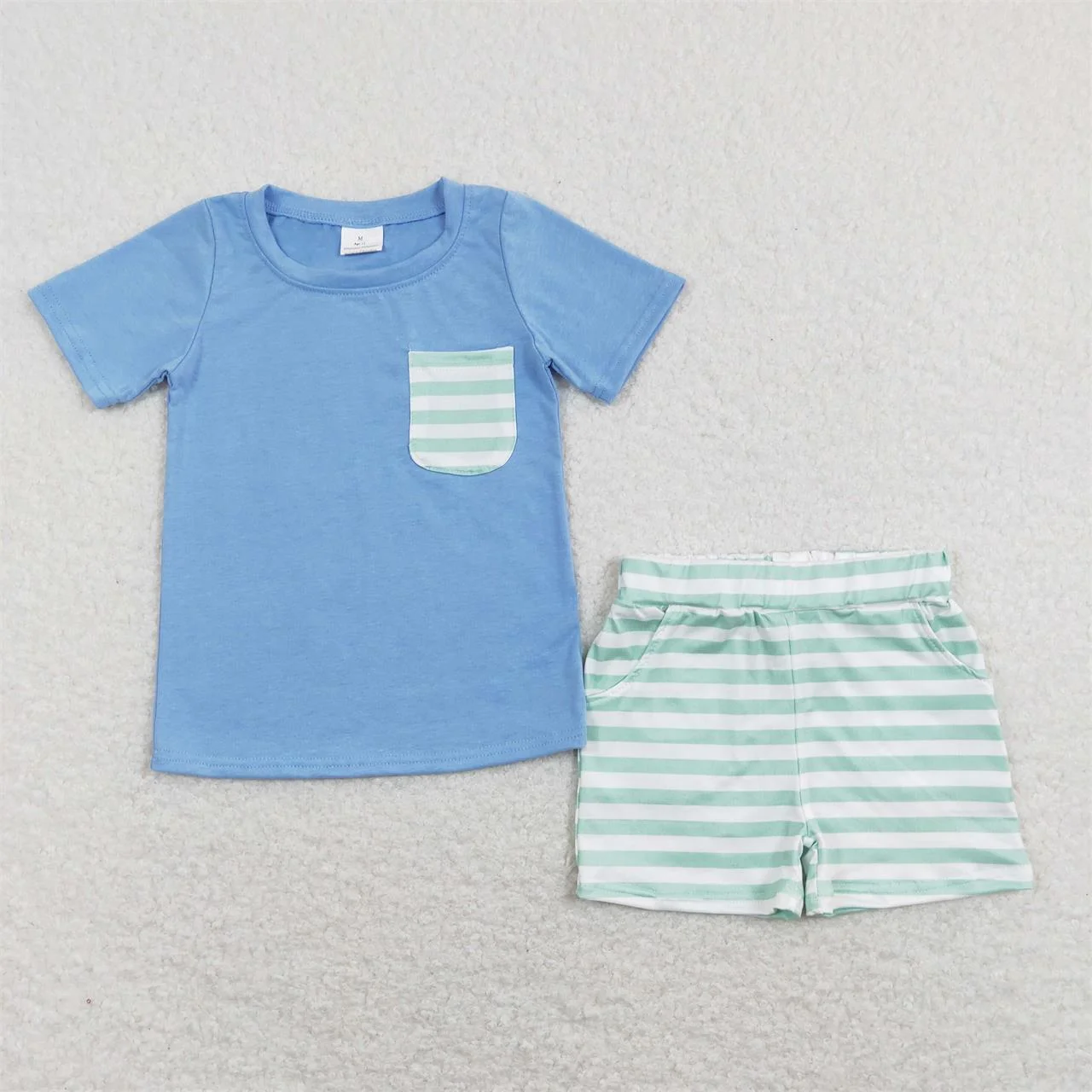 

Wholesale Toddler Baby Boy Summer Cotton Outfit Children Blue Short Sleeves T-shirts Tee Pocket Stripes Shorts Set Clothing