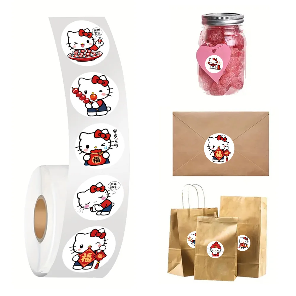 500 sztuk/rolka Naklejki z motywem Święta Wiosny Hello Kitty, urocze naklejki z kreskówkami Sanrio, naklejki w rolce do samodzielnego ozdabiania bagażu, telefonu, gitary, zabawki dla dzieci