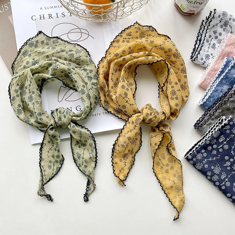Retro Floral New Small Handkerchief Scarf Spring Summer Lady Lace Cotton Linen Headscarf Scarves Soft Shawl Headband Waist Belt