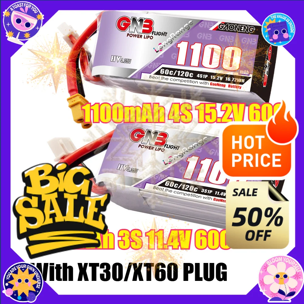 SWZY 1100mAh 60C 3S 11.4V/4S 15.2V with XT30/XT60 Plug HV Lipo Battery for FPV Long Racing Drone 4 Axis RC Quadcopter Drones Par