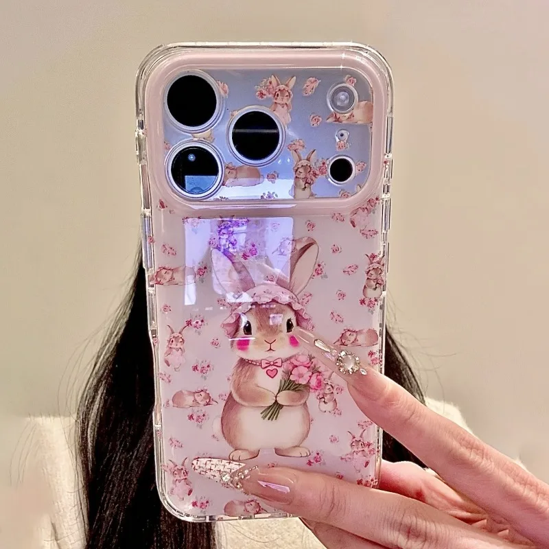 Lovely Pink Flowered Rabbit Pattern Allinclusive Lens Phone Case For iPhone 18 17 16 15 14 13 12 11 Pro Max Protection Cover