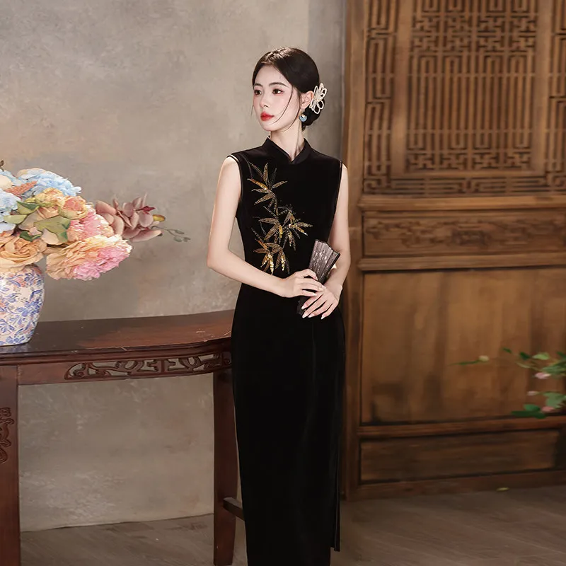 Black Velvet Sleeveless New Chinese Suzhou Autumn Cheongsam Improvement Young Women Spring and Autumn Qipao Dress