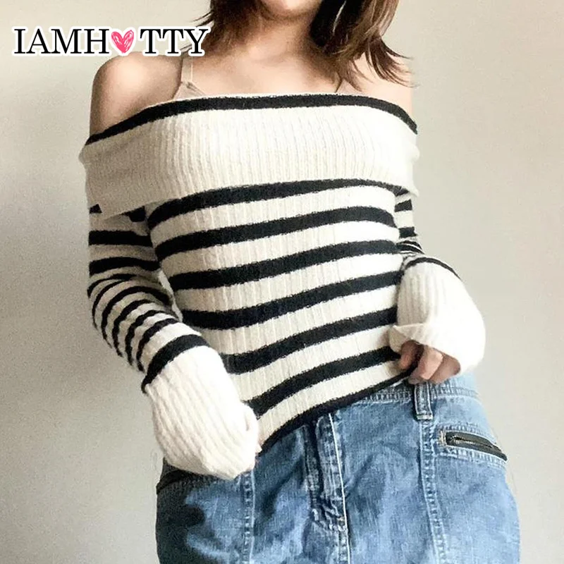 IAMHOTTY Casual Striped Sweater Pullover Women's Autumn Winter Slash Neck Knitting Top High Street Skinny Knitwear Basic Jerseys