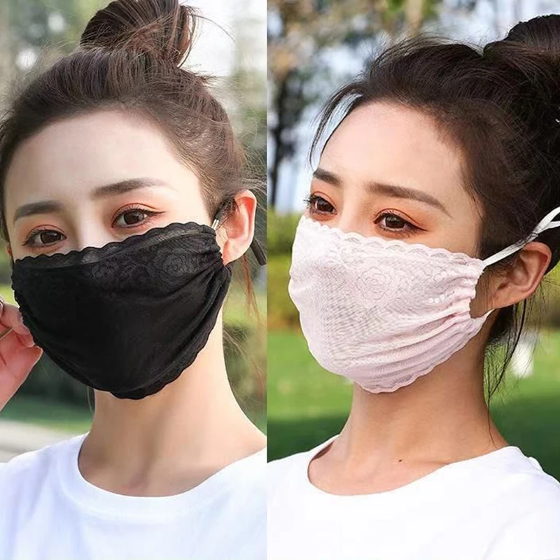 

Flower Sunscreen Lace Mask Solid Color Hanging Ear Sunscreen Face Cover Adjustable Strap Breathable UV Protection Mask Hiking