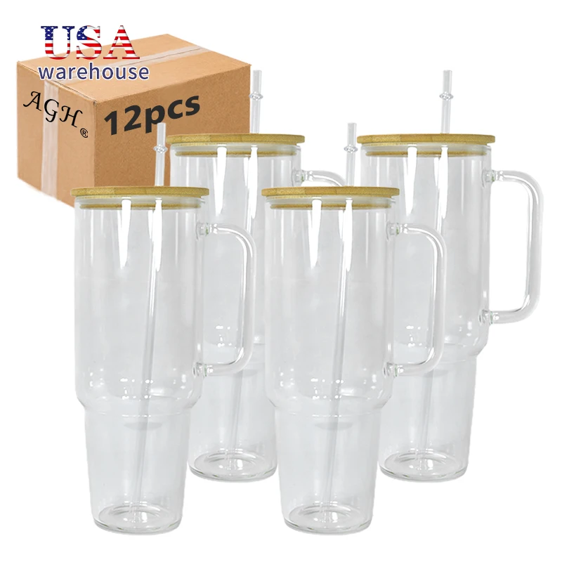 

12 шт., 40 унций, прозрачное стекло, сублимационный стакан для кофе, дорожная стеклянная кружка с ручкой Hu