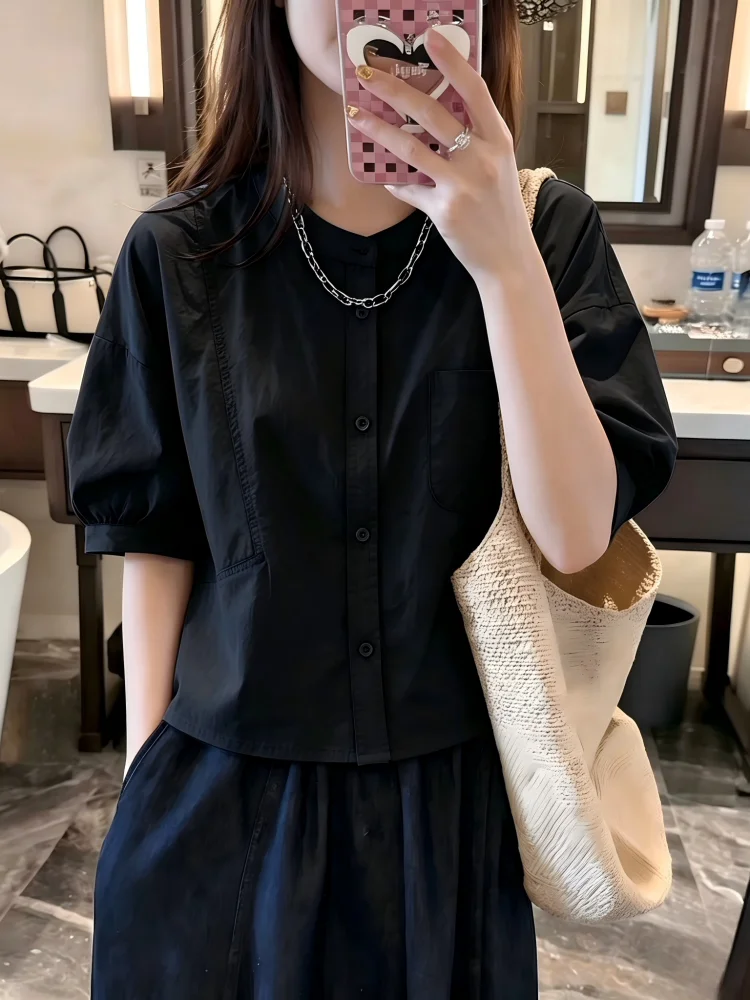 

Elegant round Neck Short Sleeve Shirt Women's Loose Fit Casual Top Five-Quarter Length Versatile Stylish Summer Outfit