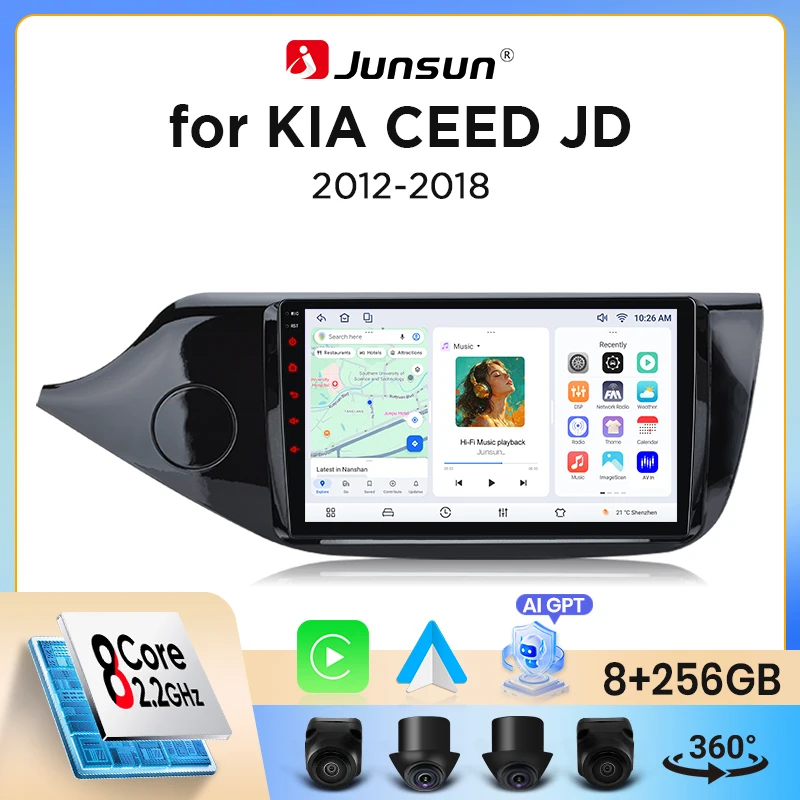 Junsun Bezprzewodowe Radio Samochodowe CarPlay Android Auto do Kia Ceed Mk2 (JD) 2012-2018 z Wbudowanym Wentylatorem Chłodzącym, Nawigacja GPS Android, Odtwarzacz Multimedialny, WiFi, DSP, RDS, BT