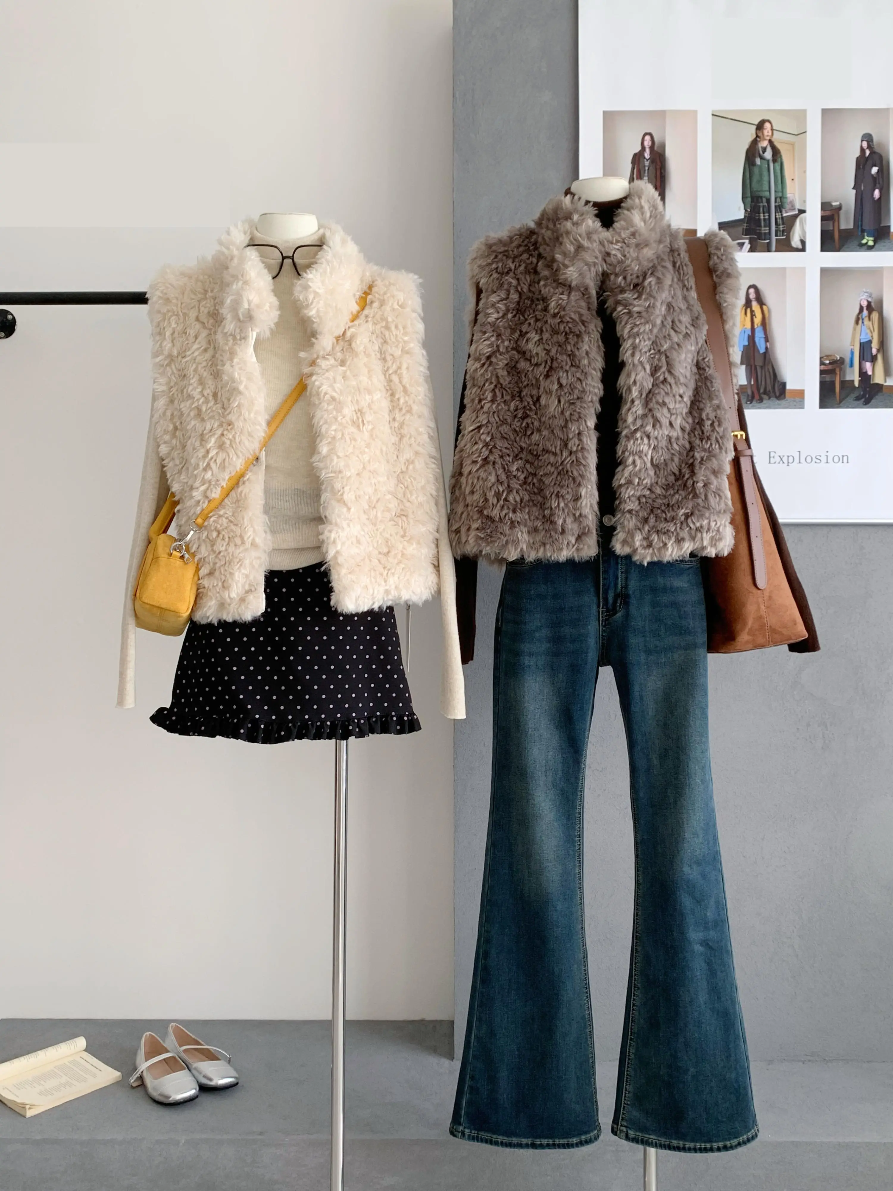 

Women's Autumn Winter Chic Stand Collar Faux Wool Vest Outwear Lady Solid Color Single Breasted Loose Faux Fur Fluffy Vest Top